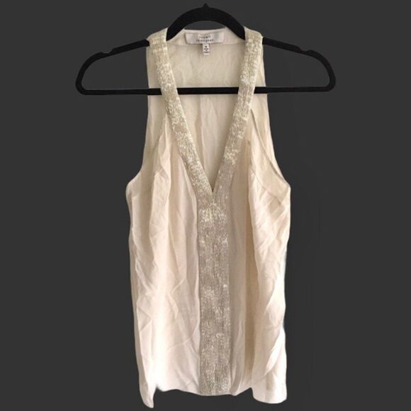 Robert RODRIGUEZ Silk Sleeveless Beaded V-Neck Tank Top Cream 6 - Picture 2 of 7